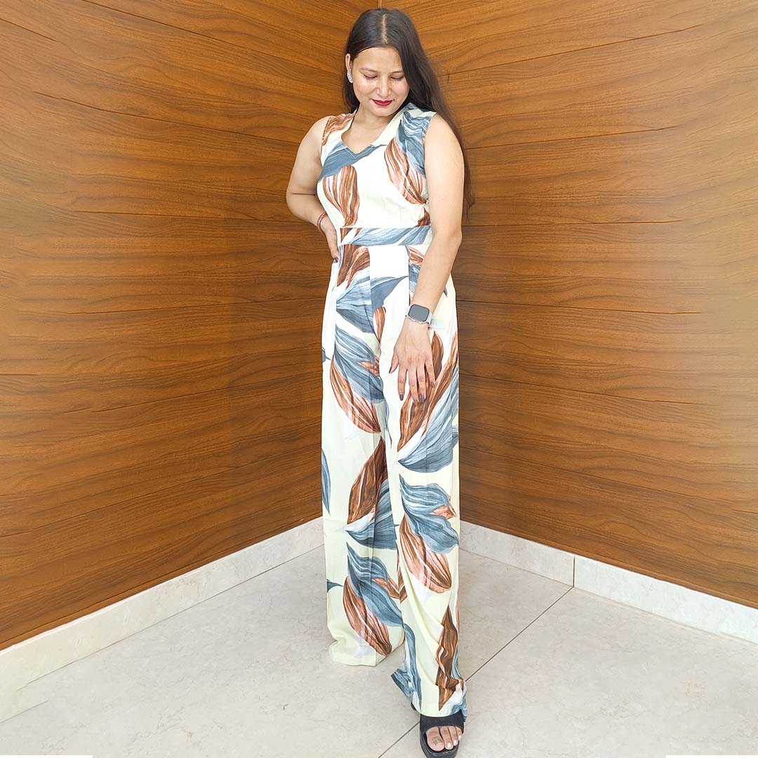 Pahnawaa Cream Printed Cotton Mix Jumpsuit