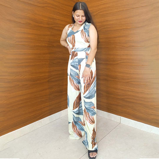Cream Cotton-Mix Printed Jumpsuit with V-Neck (Single Piece)