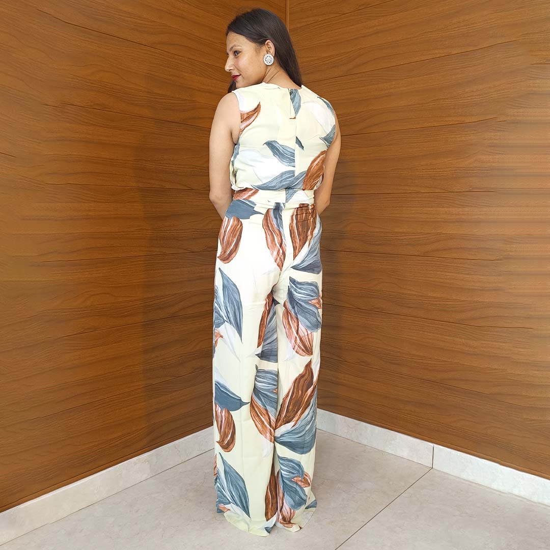 Pahnawaa Cream Printed Cotton Mix Jumpsuit