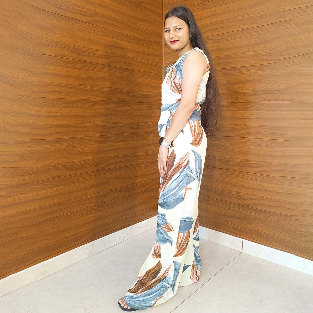 Pahnawaa Cream Printed Cotton Mix Jumpsuit