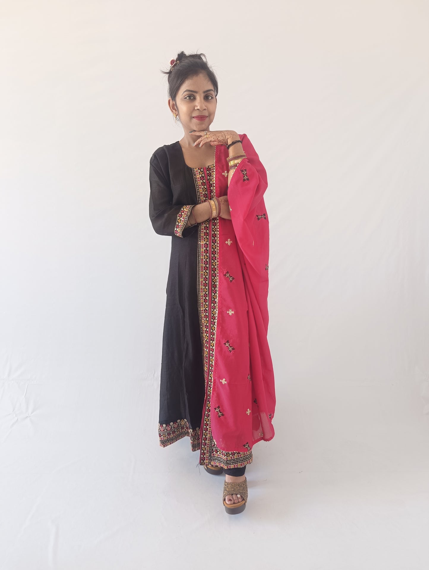 Elegant Black Vichitra A-Line Suit with Pink Dupatta