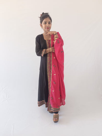 Elegant Black Vichitra A-Line Suit with Pink Dupatta