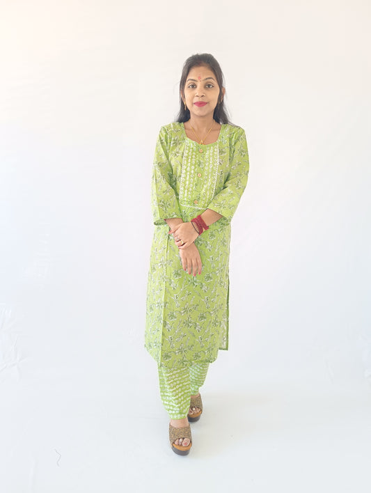 Fresh Green Printed Cotton Straight Suit Set
