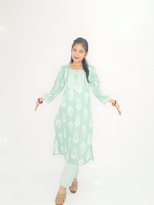 Light Green Cotton Straight Suit Set