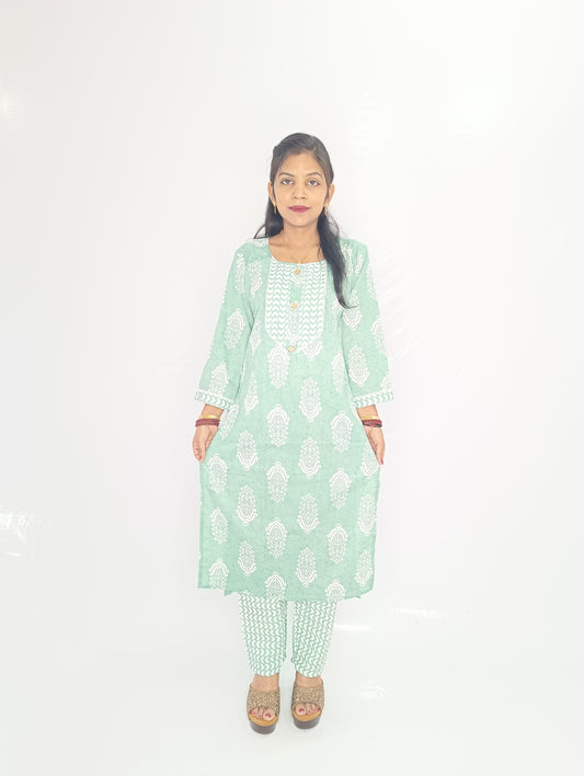 Light Green Cotton Straight Suit Set