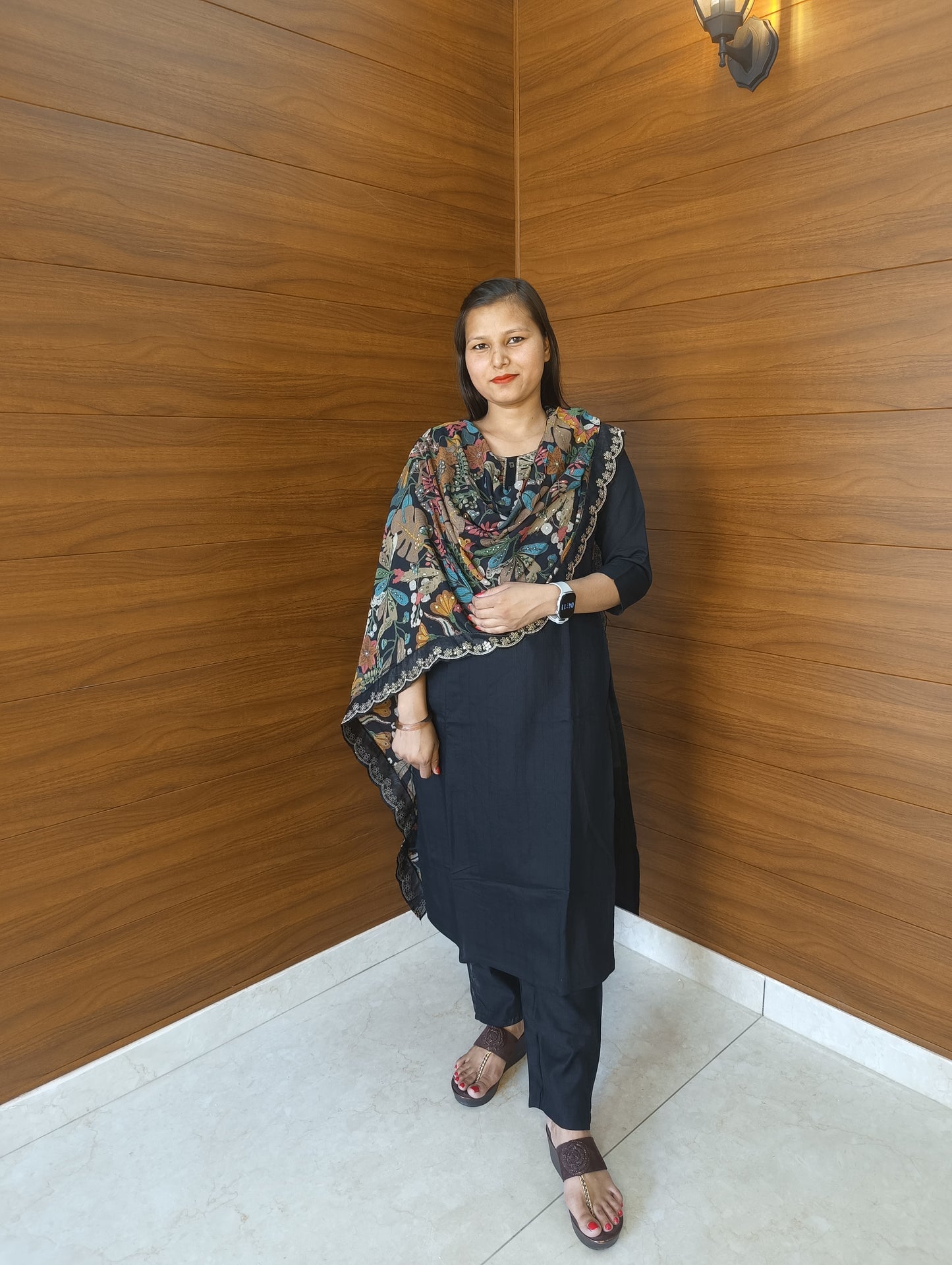 Pahnawaa Black Straight Suit with Printed Dupatta