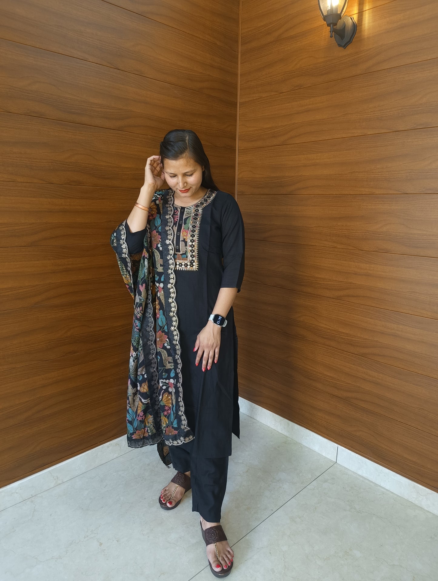 Pahnawaa Black Straight Suit with Printed Dupatta