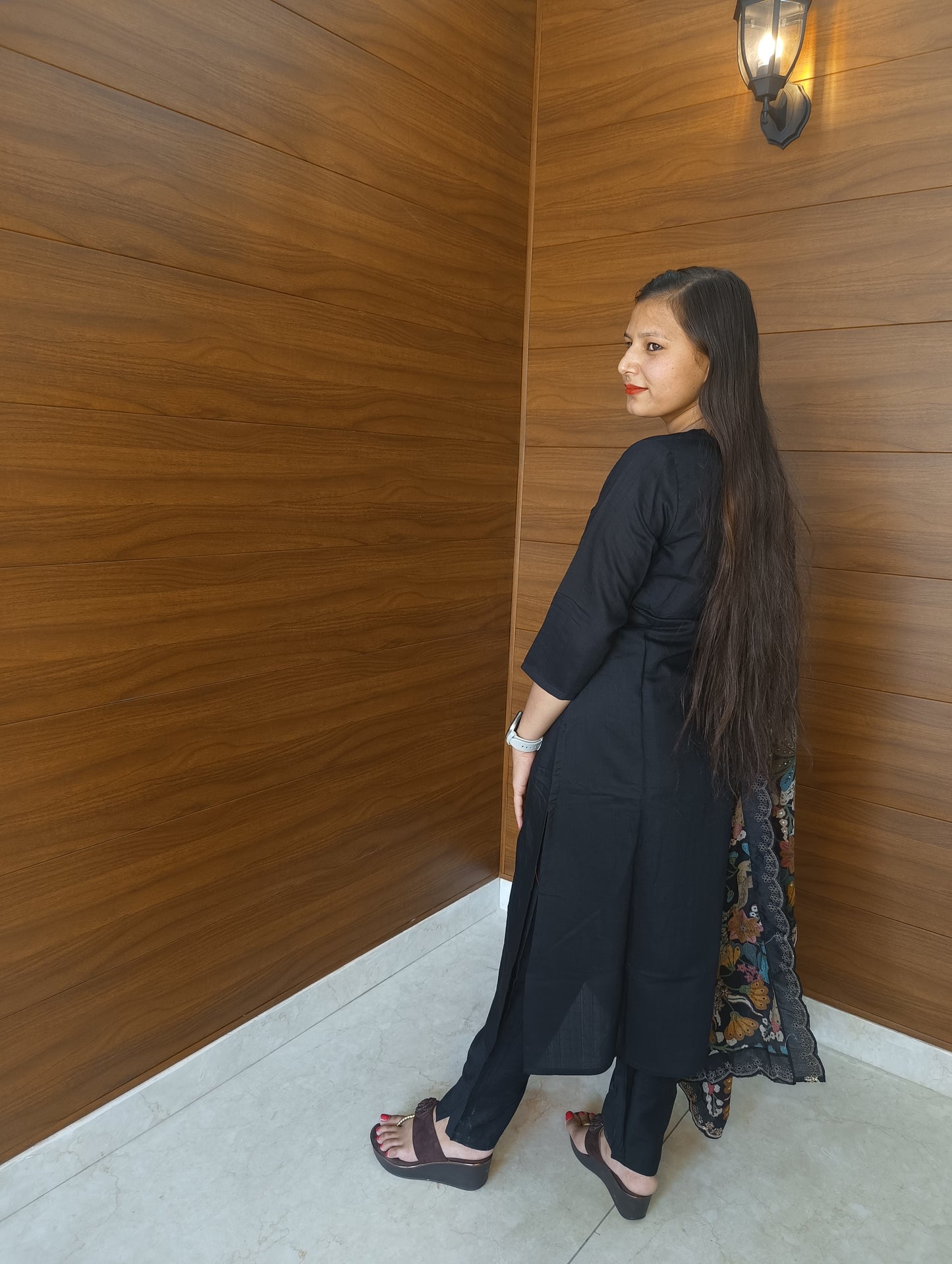 Pahnawaa Black Straight Suit with Printed Dupatta