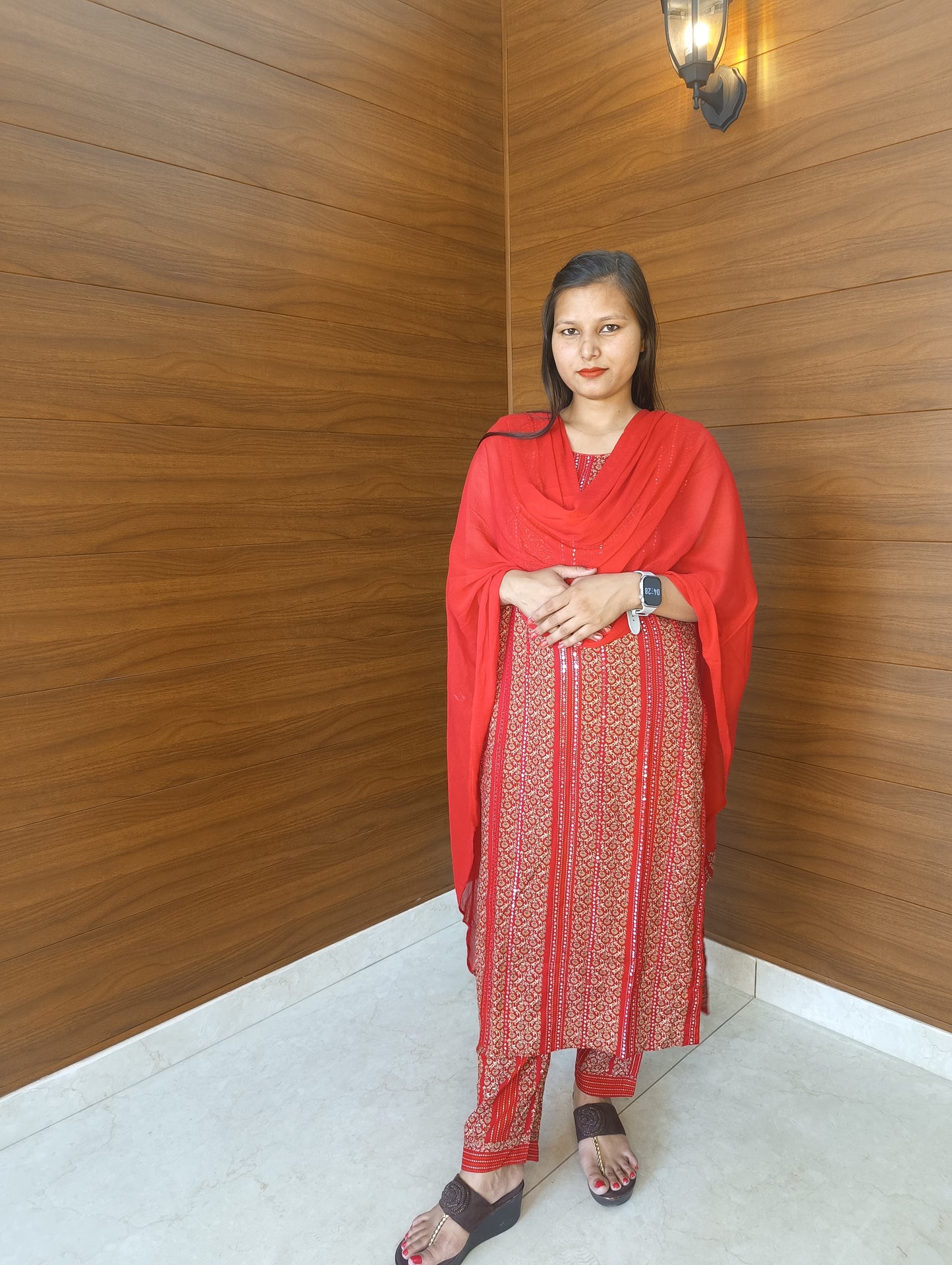 Pahnawaa Red Embroidery Straight Cut Suit with Embroidered Pant