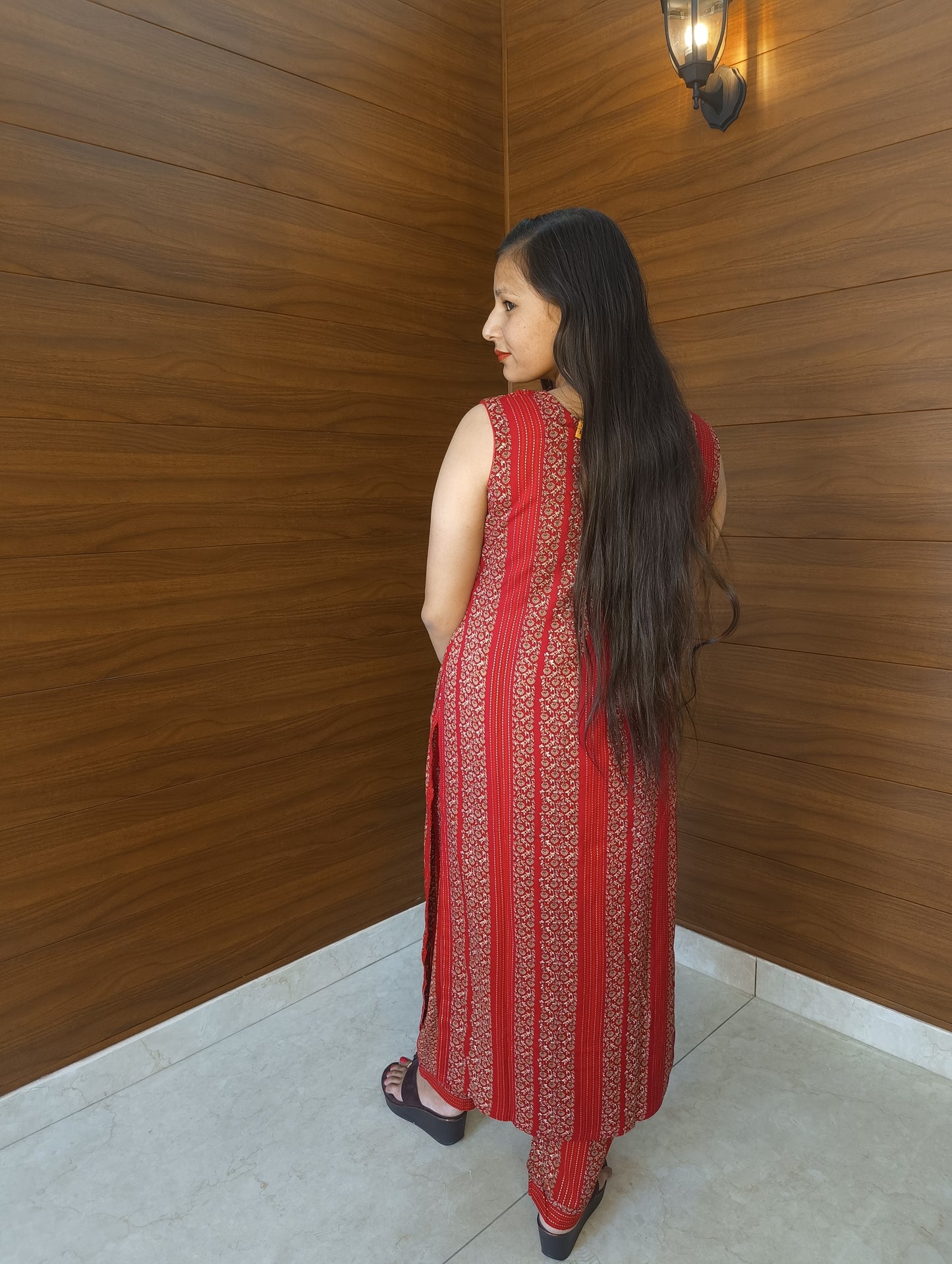 Pahnawaa Red Embroidery Straight Cut Suit with Embroidered Pant