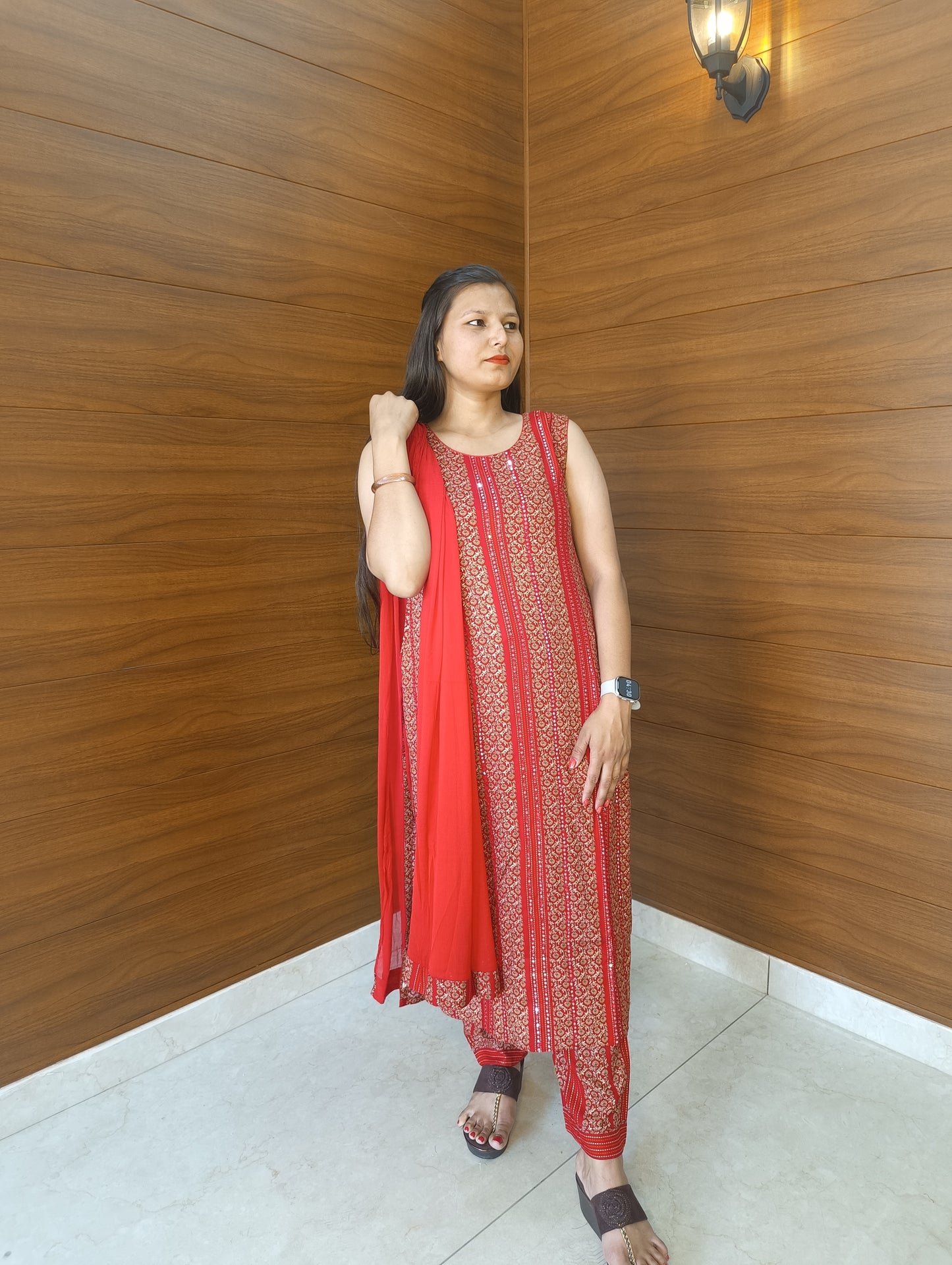 Pahnawaa Red Embroidery Straight Cut Suit with Embroidered Pant