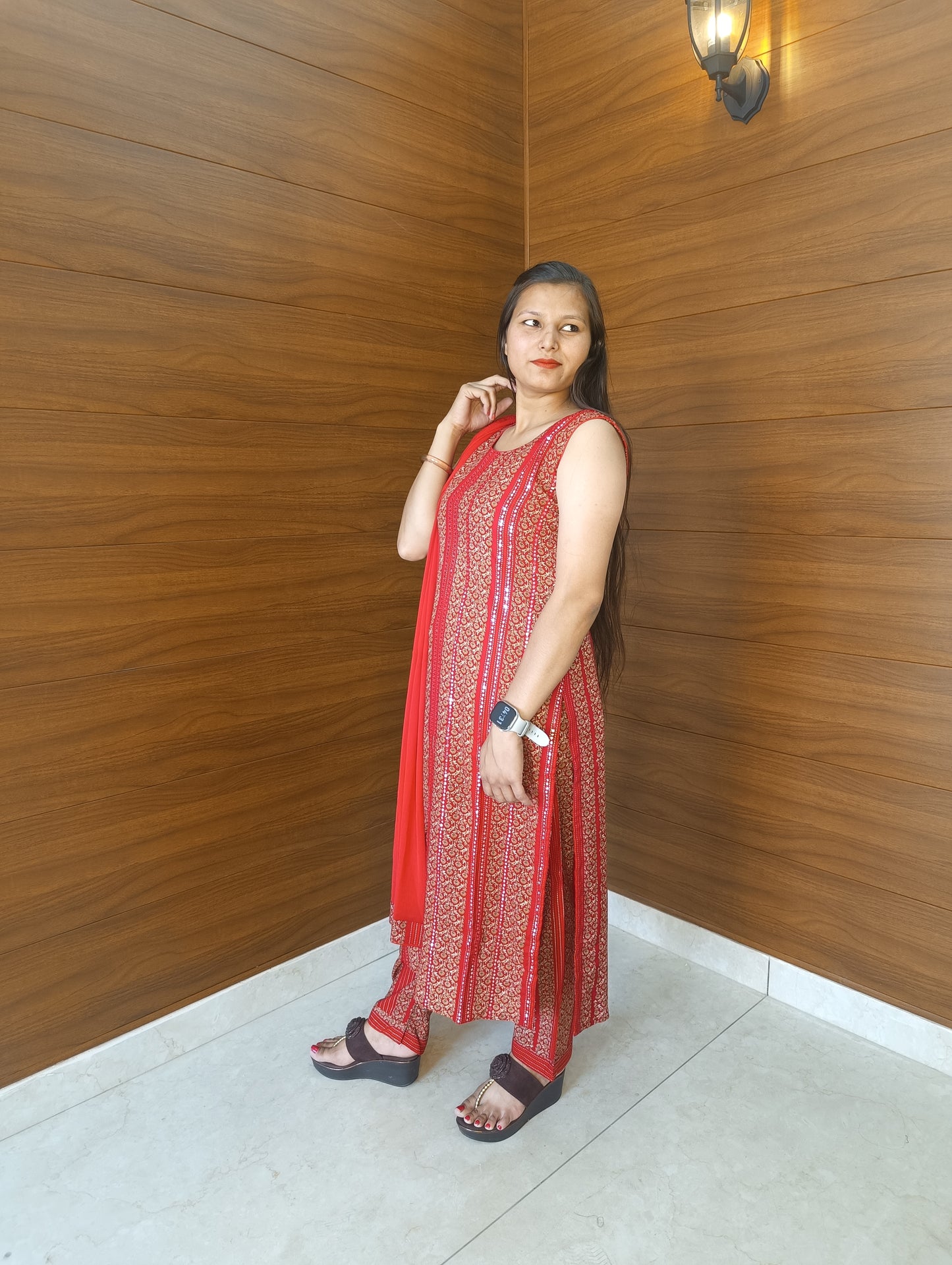 Pahnawaa Red Embroidery Straight Cut Suit with Embroidered Pant
