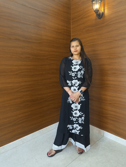Pahnawaa Black Floral Print Kurti Set