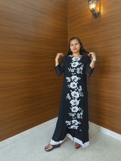 Pahnawaa Black Floral Print Kurti Set