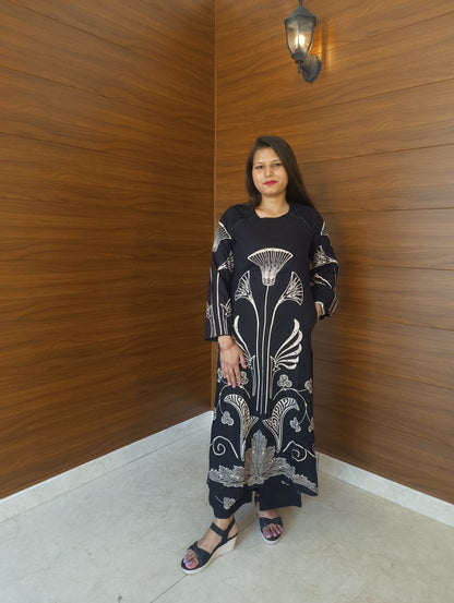Pahnawaa Elegant Black Plazoo Suit Set with Embroidered Kurta.
