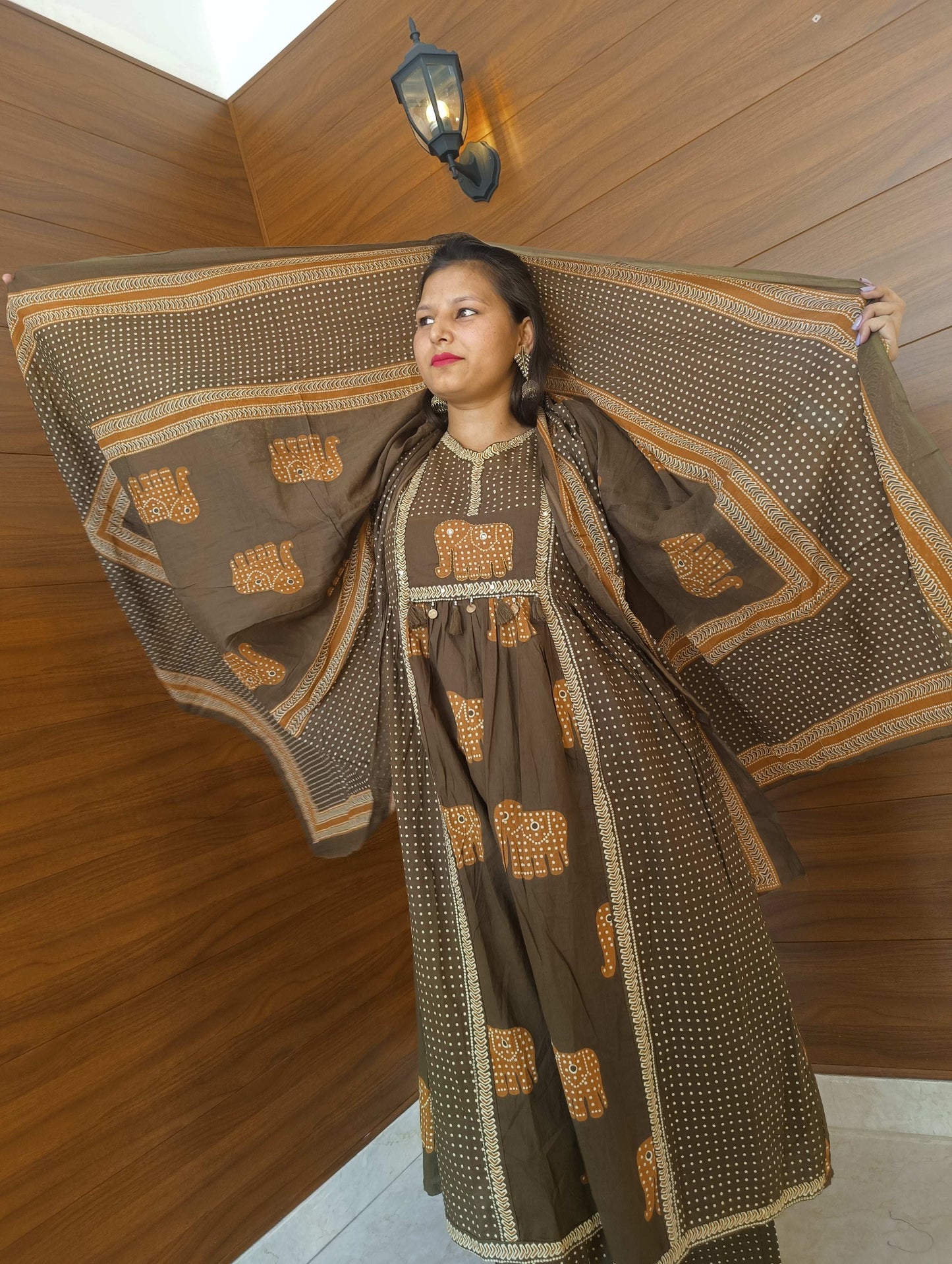 Pahnawaa Mehendi Green Suit with Elephant Print