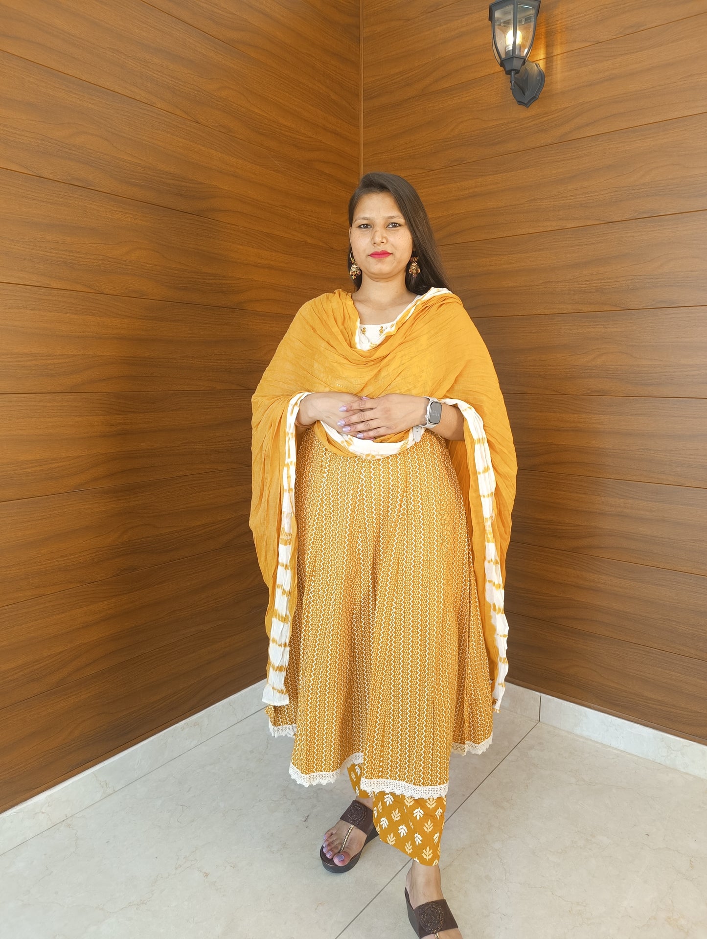 Pahnawaa Mustard Handwork Kurti Set with Shankh Design