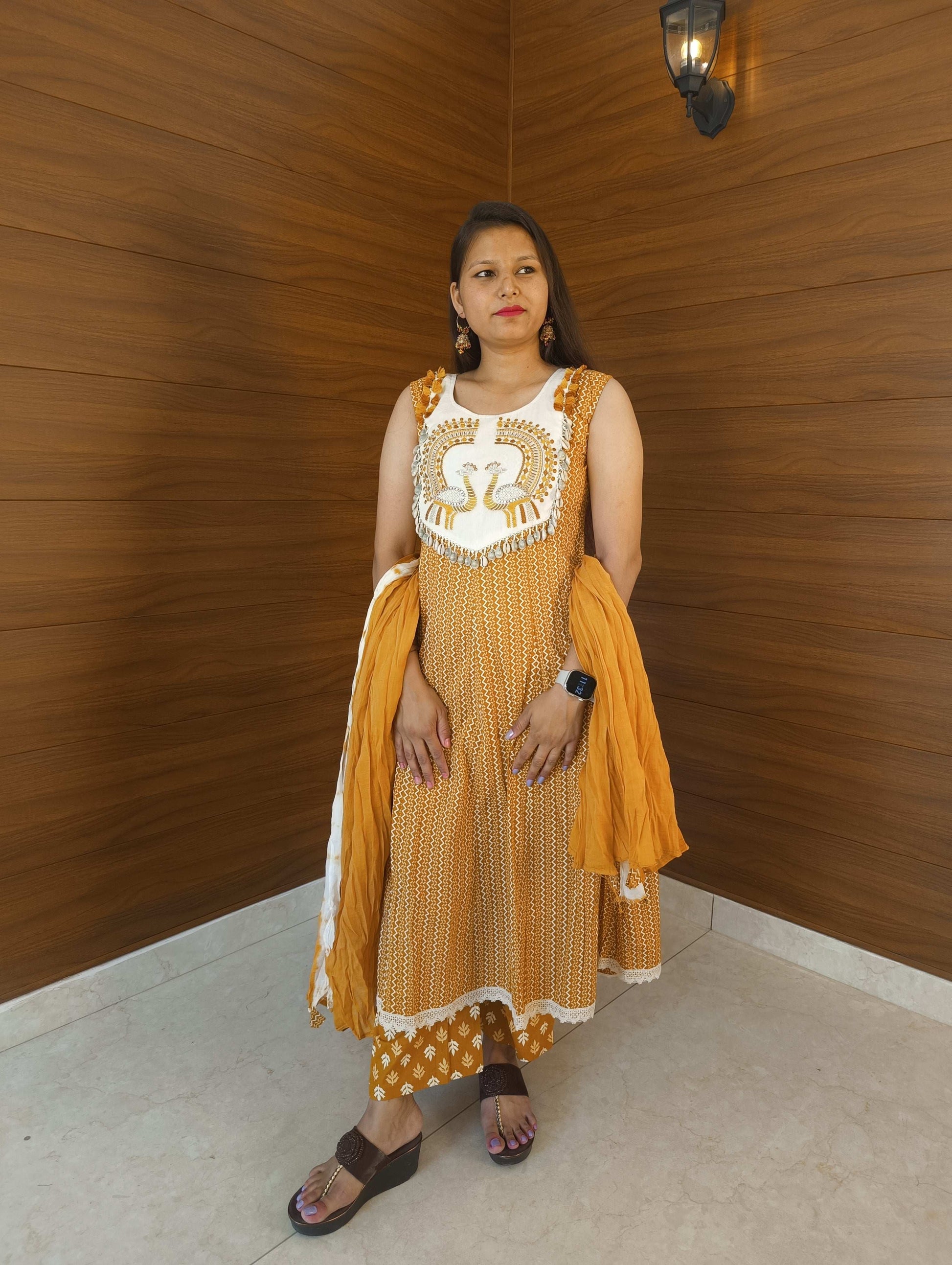 Pahnawaa Mustard Handwork Kurti Set with Shankh Design