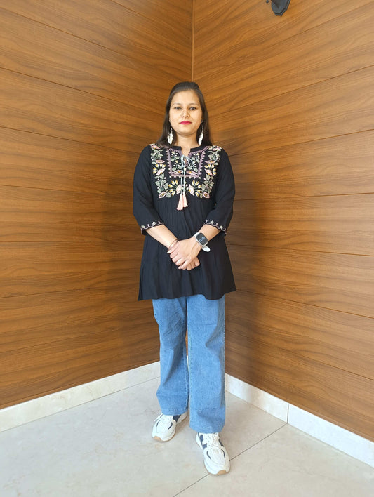Pahnawaa Black Printed Handwork Top with Collar