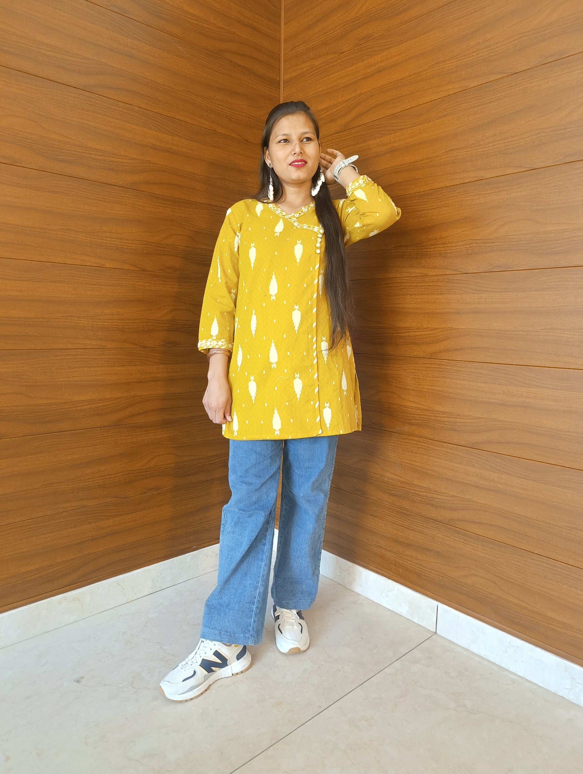 Pahnawaa Mustard Printed Top with Lace Detailing