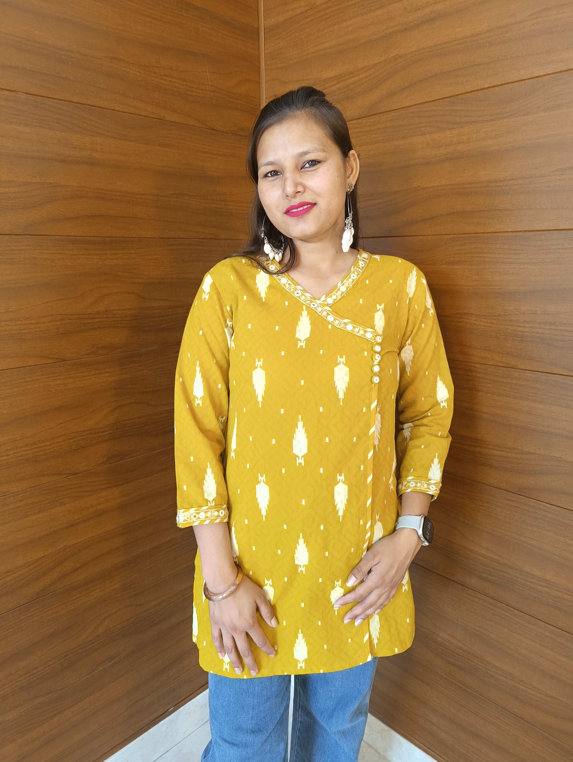Pahnawaa Mustard Printed Top with Lace Detailing