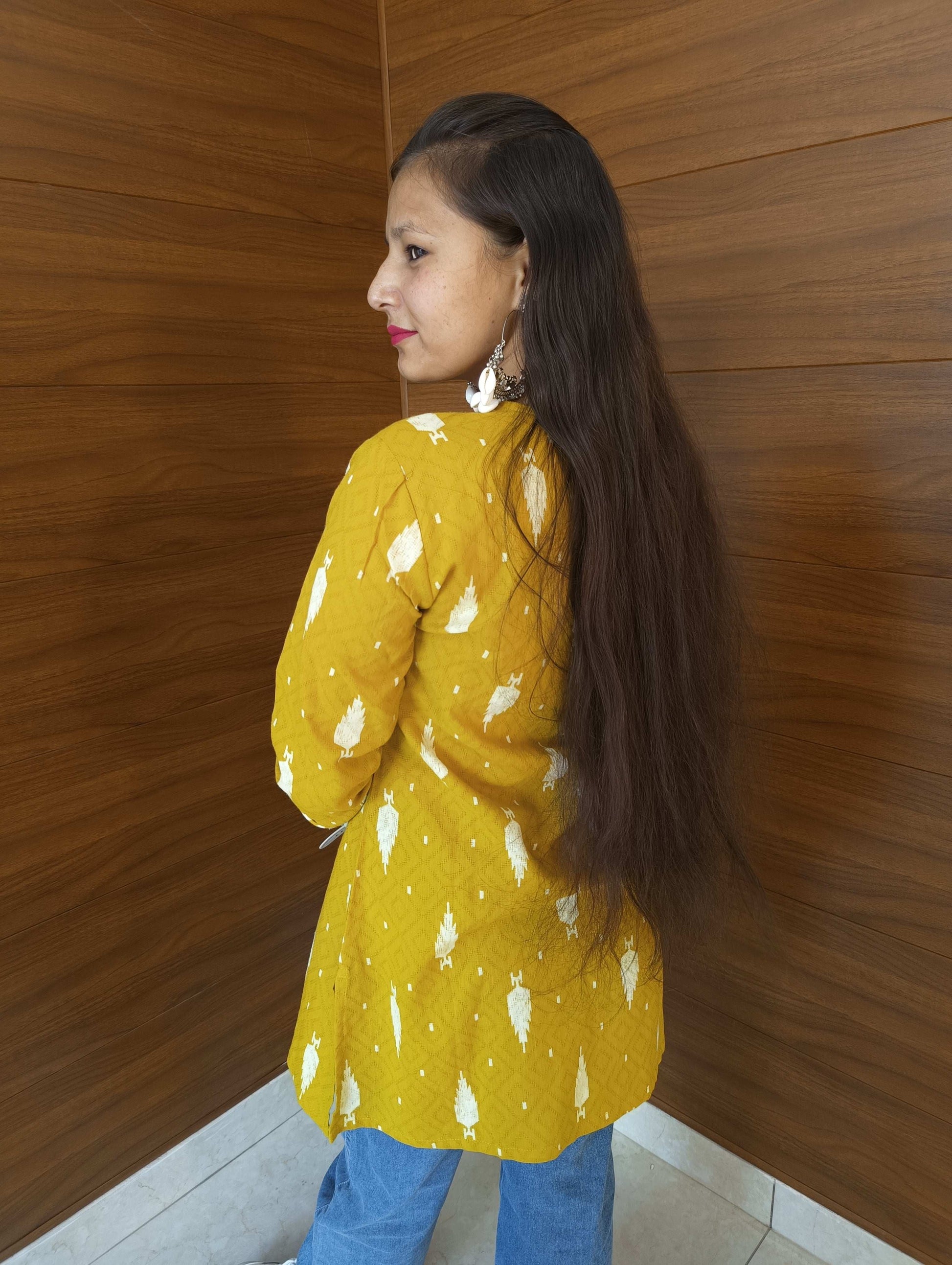 Pahnawaa Mustard Printed Top with Lace Detailing