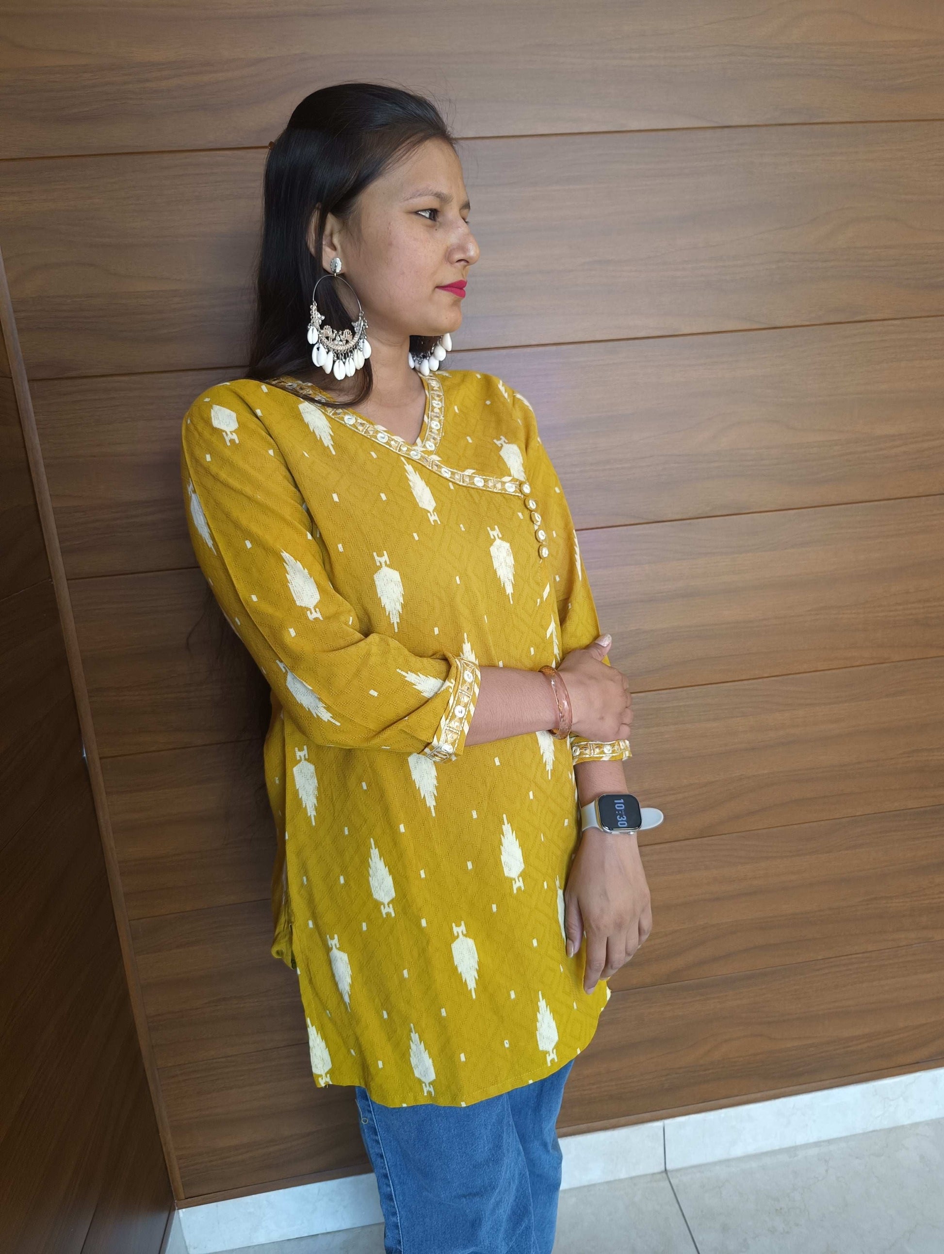 Pahnawaa Mustard Printed Top with Lace Detailing