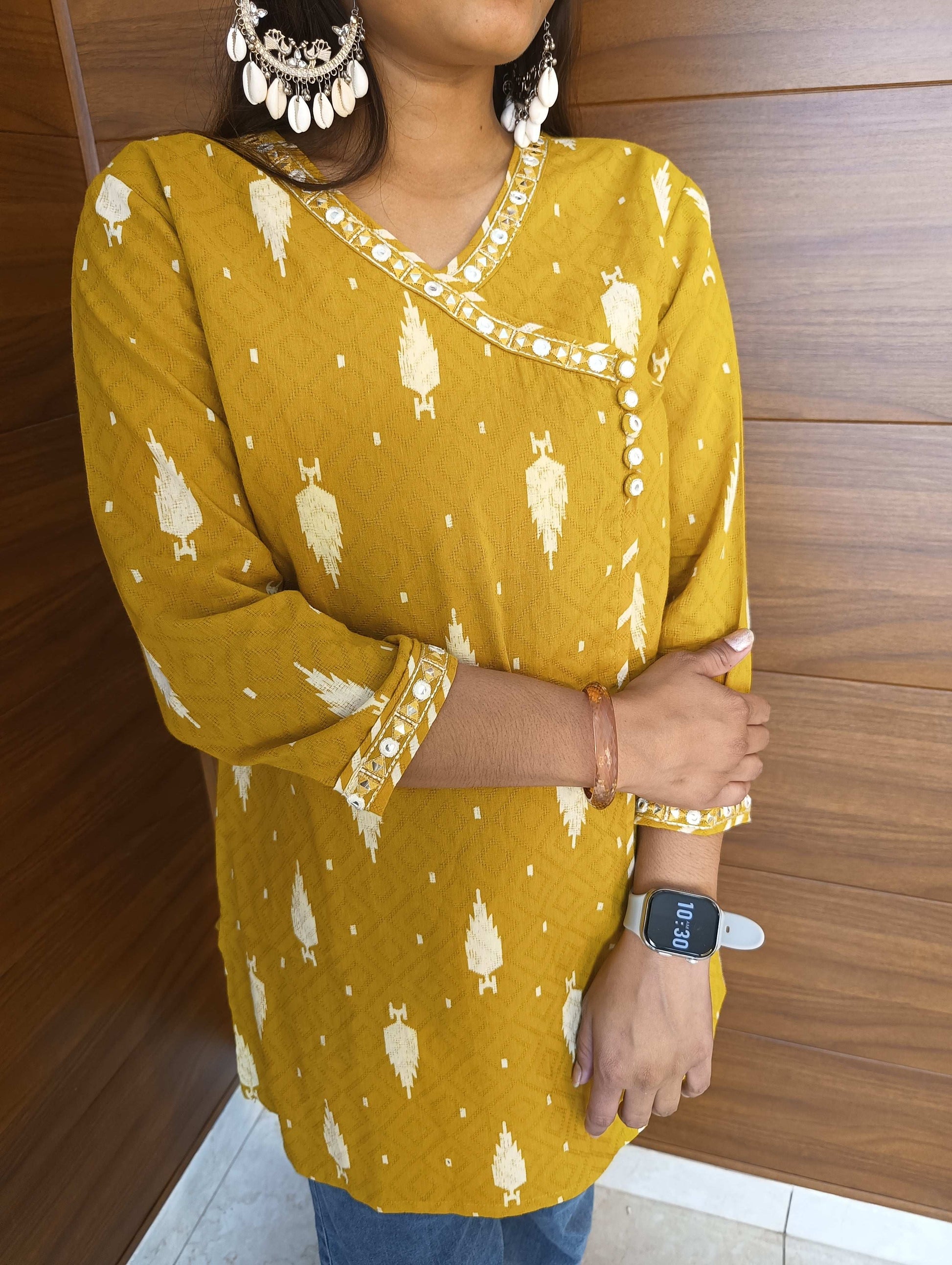 Pahnawaa Mustard Printed Top with Lace Detailing