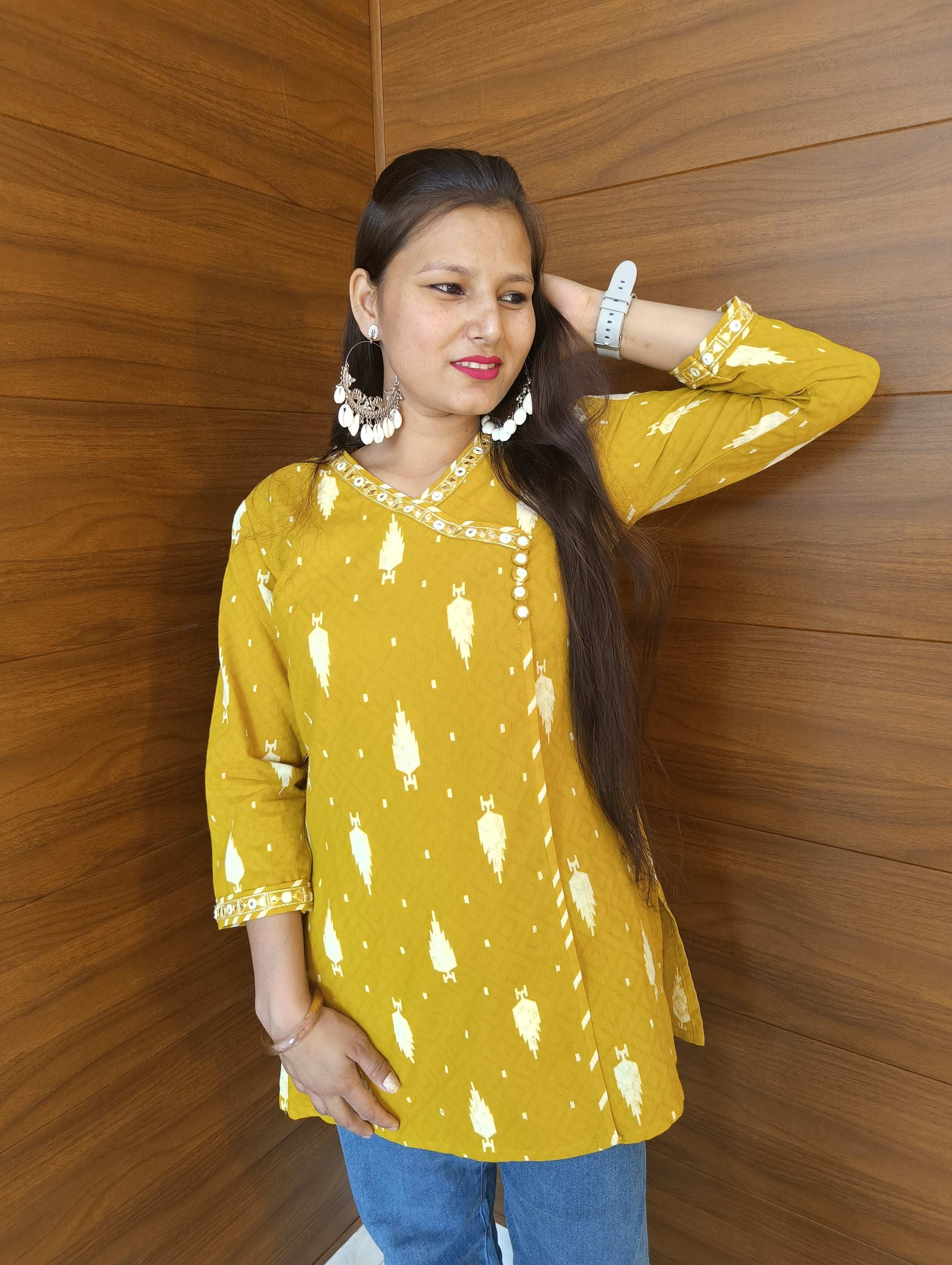 Pahnawaa Mustard Printed Top with Lace Detailing