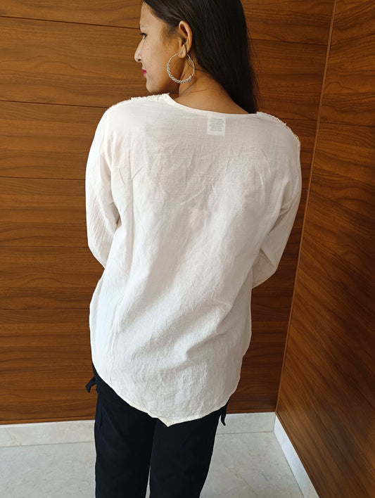 Pahnawaa Cream Printed Top with Lace and Hand Work