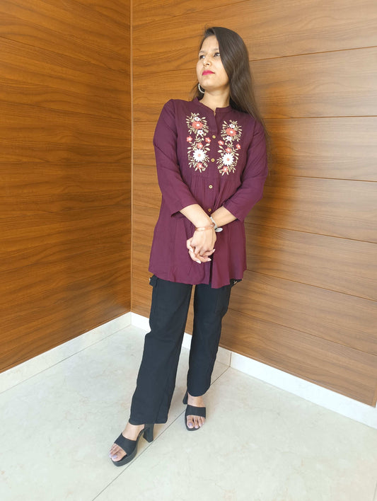 Pahnawaa Maroon Printed Top with Hand Work