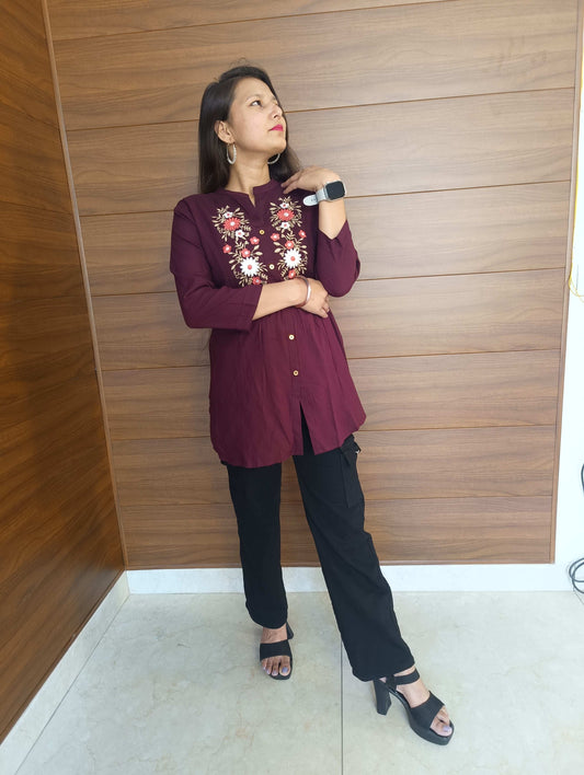 Pahnawaa Maroon Printed Top with Hand Work