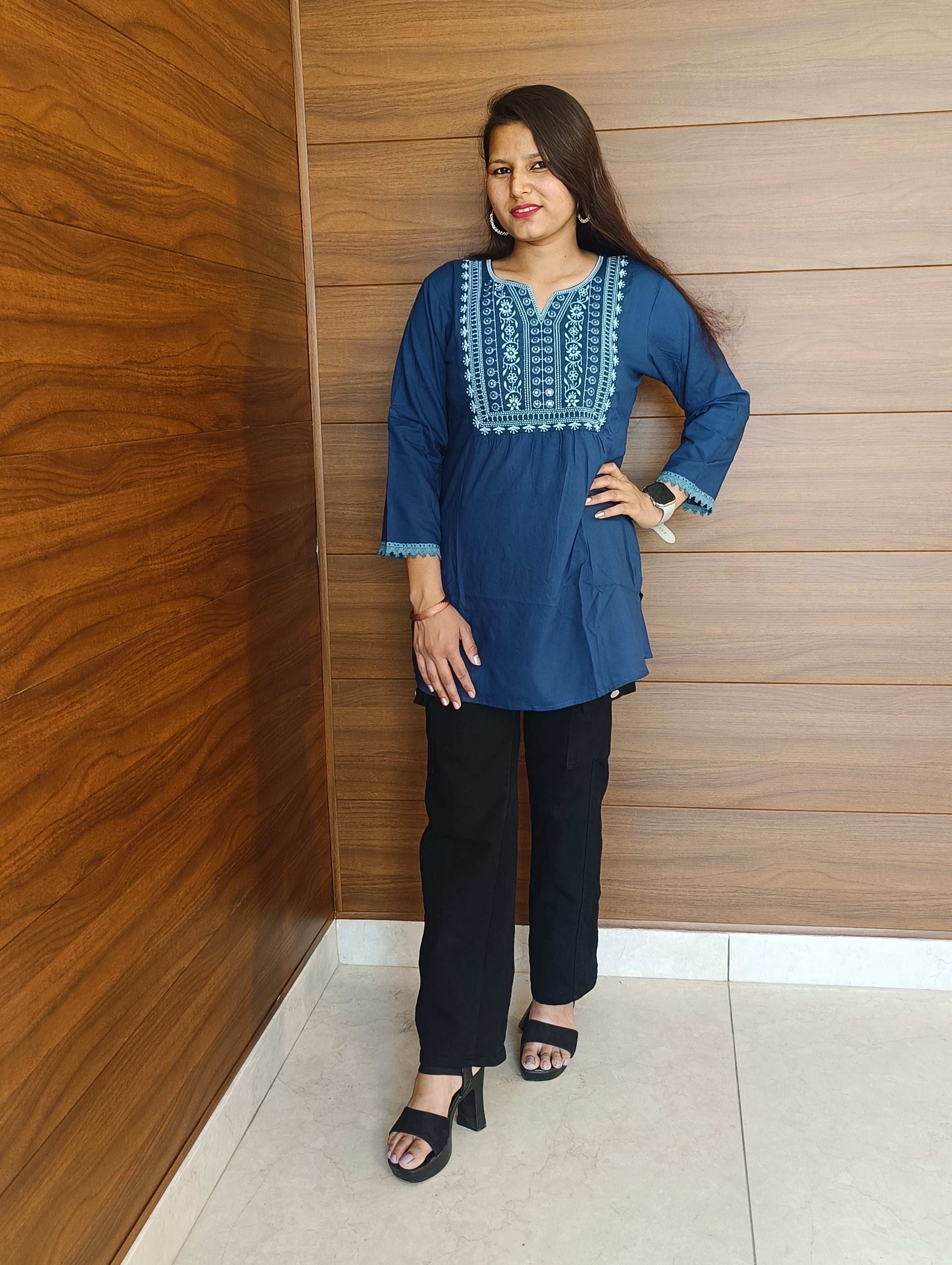 Pahnawaa Peacock Blue Handwork Top