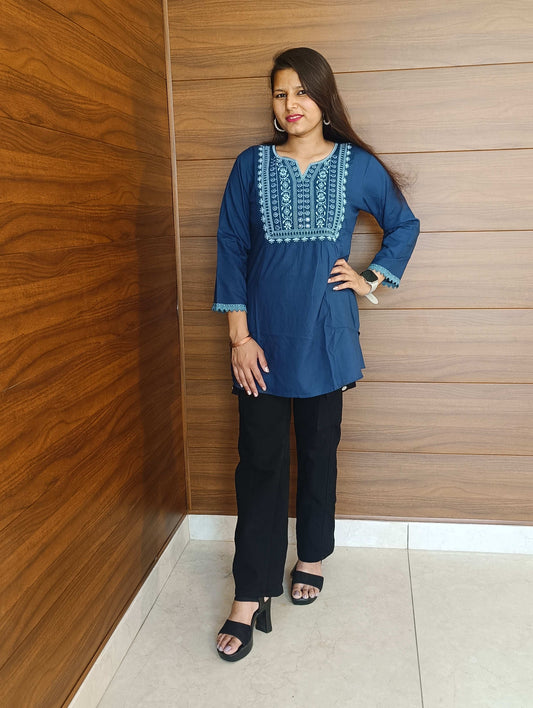 Pahnawaa Peacock Blue Handwork Top