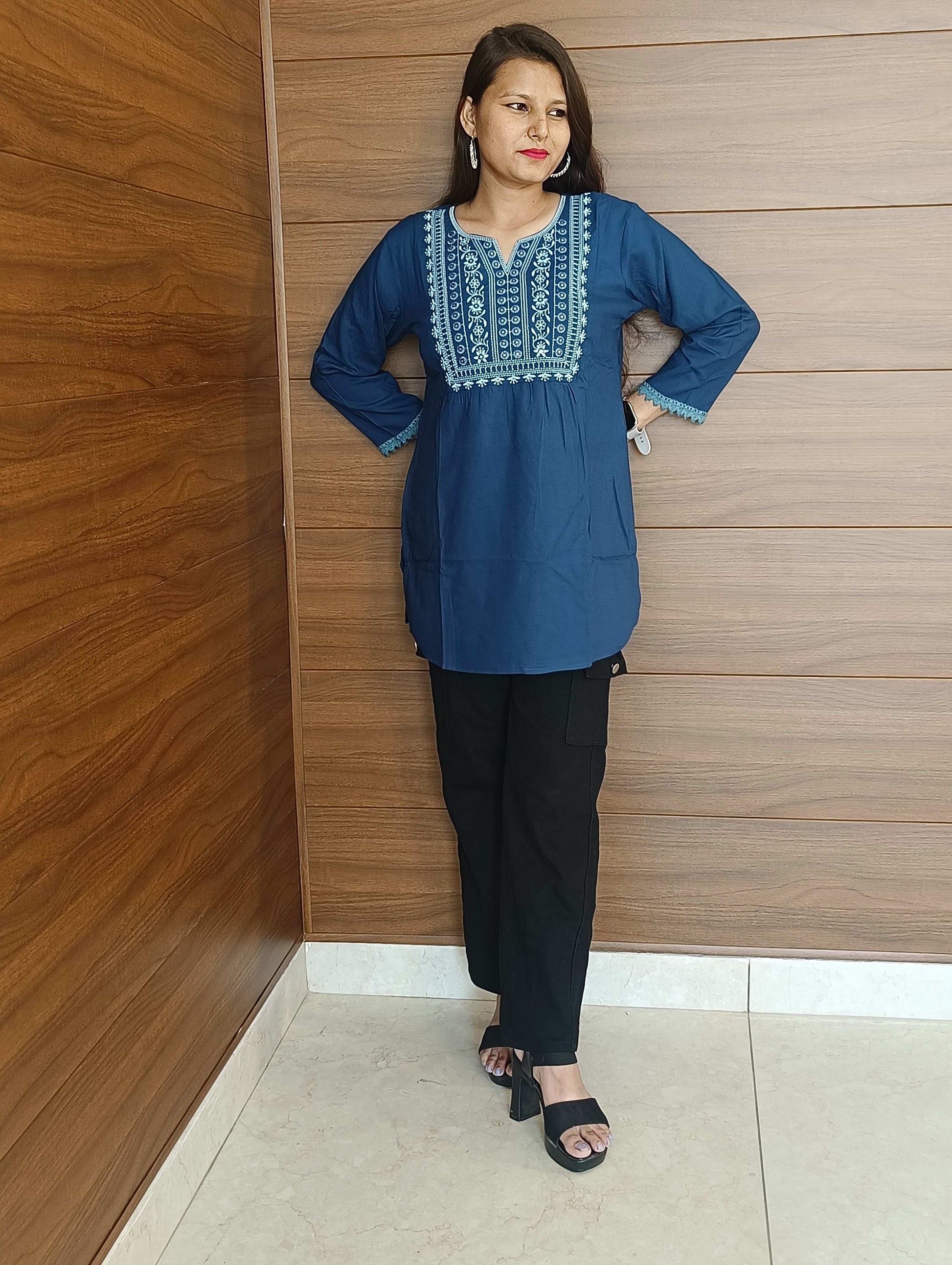 Pahnawaa Peacock Blue Handwork Top