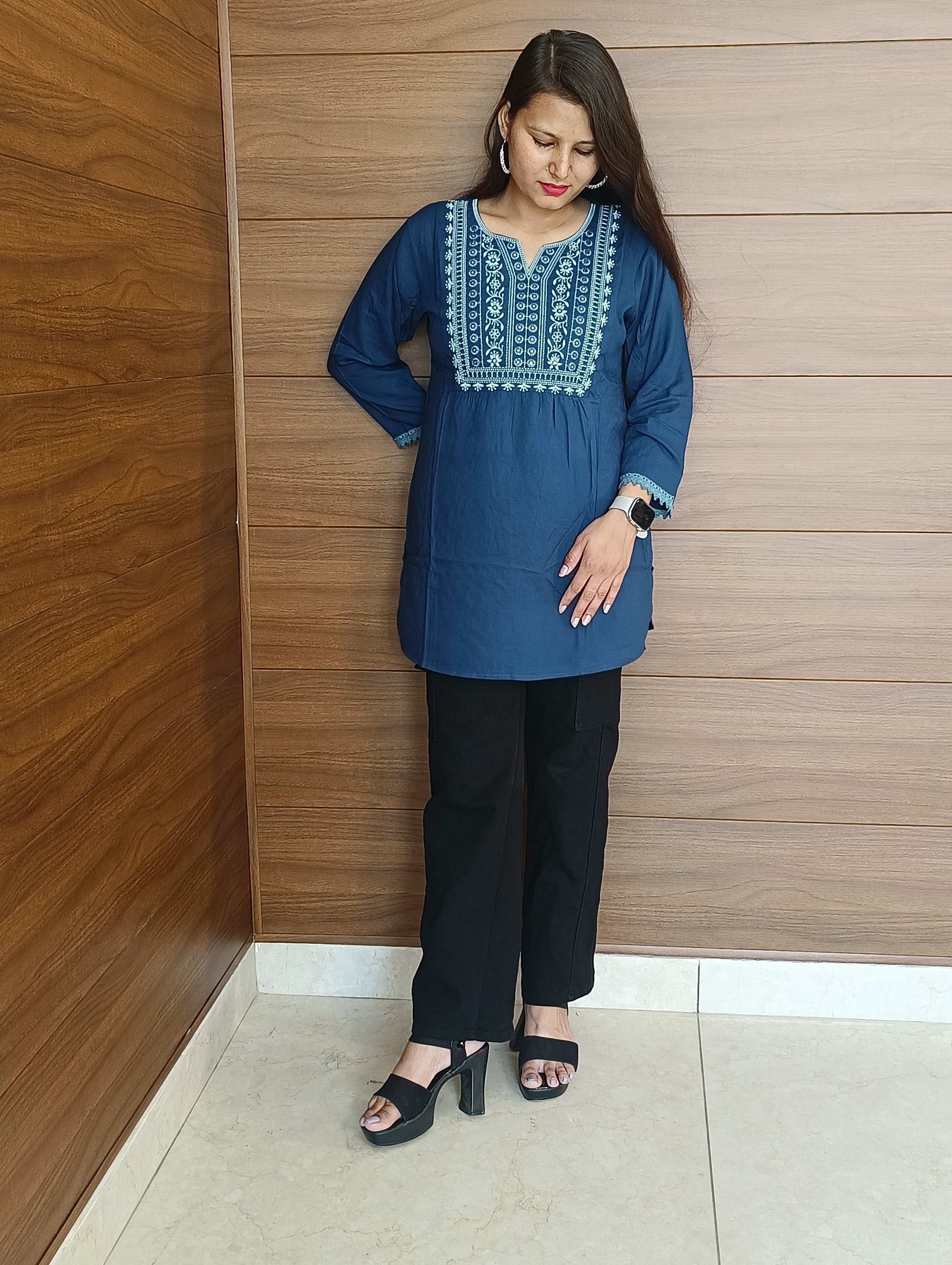 Pahnawaa Peacock Blue Handwork Top