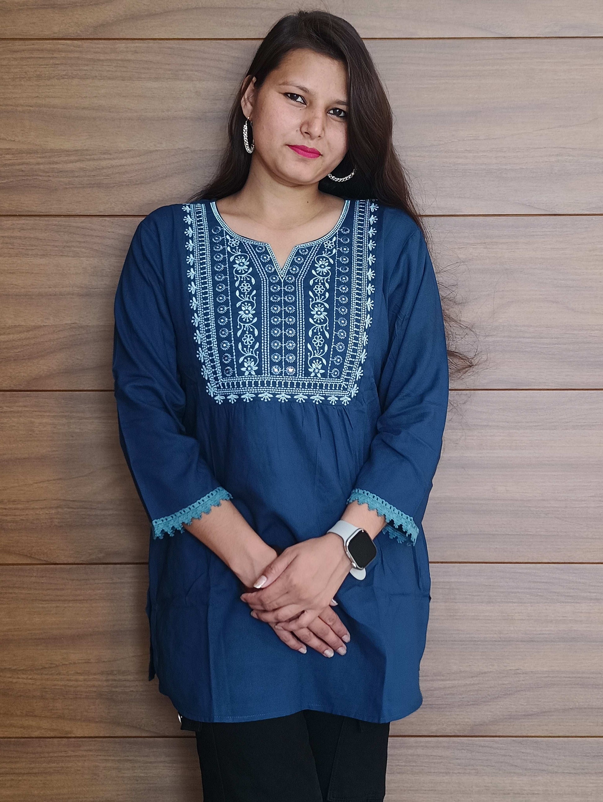 Pahnawaa Peacock Blue Handwork Top