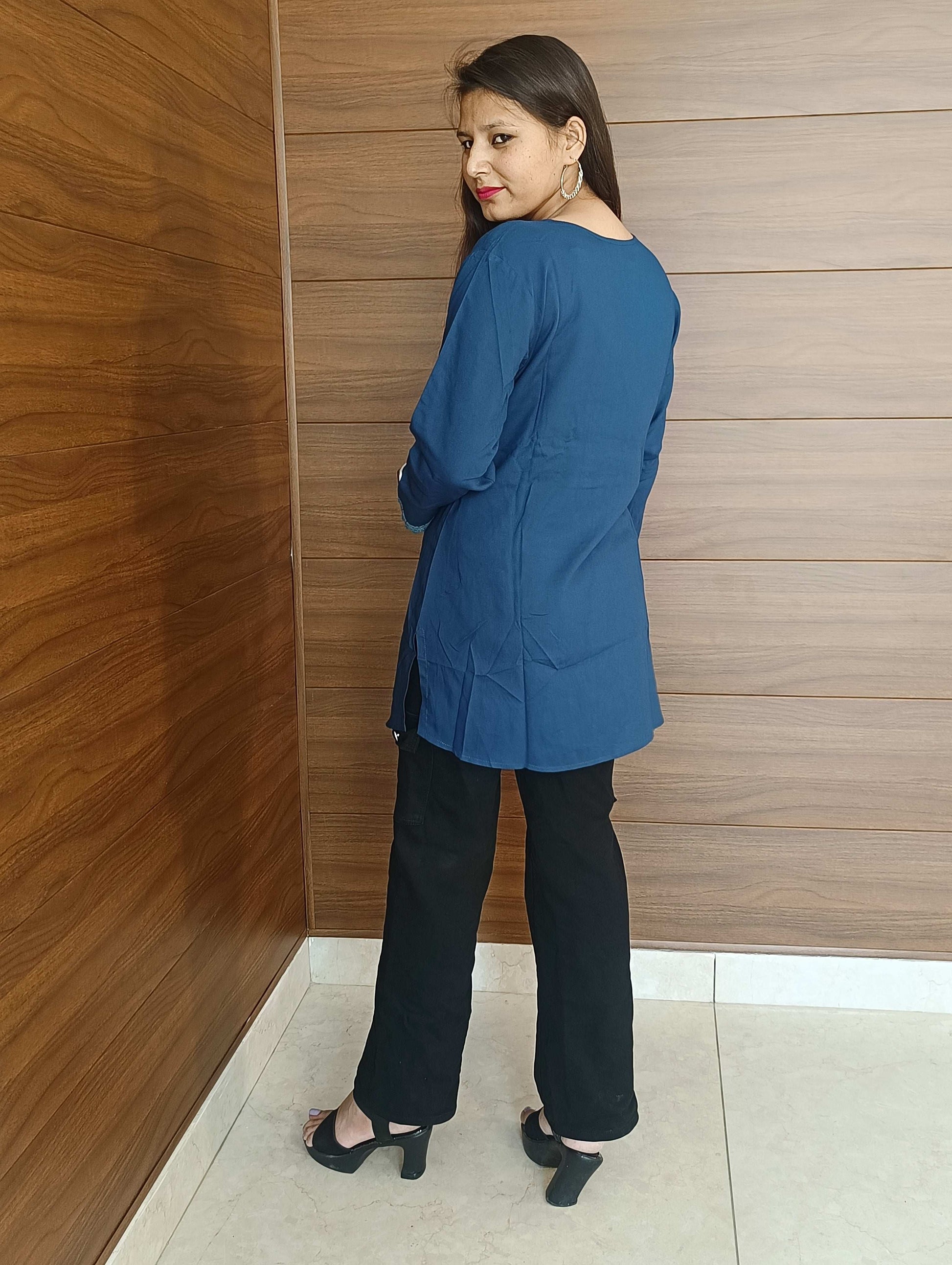 Pahnawaa Peacock Blue Handwork Top