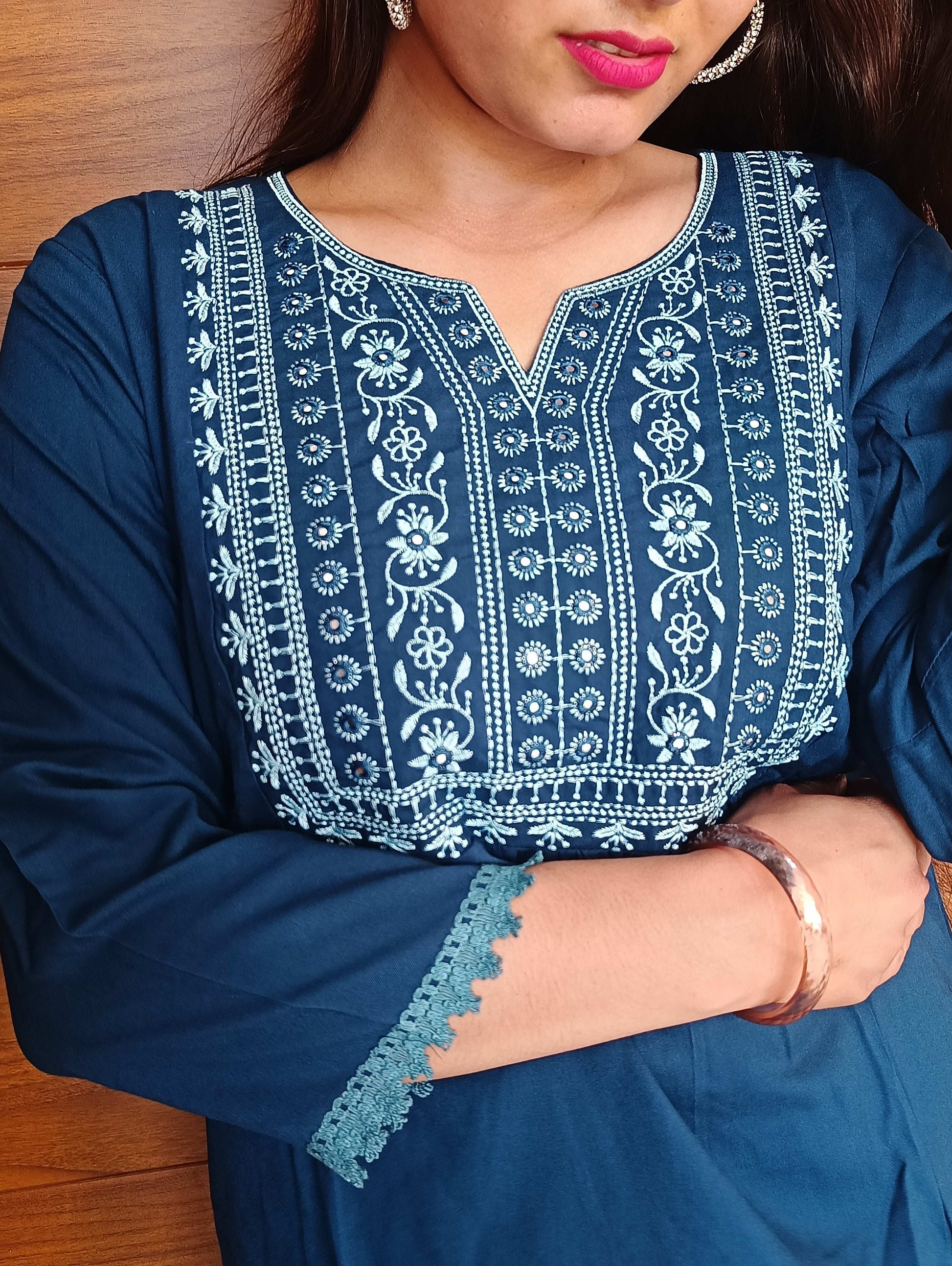 Pahnawaa Peacock Blue Handwork Top