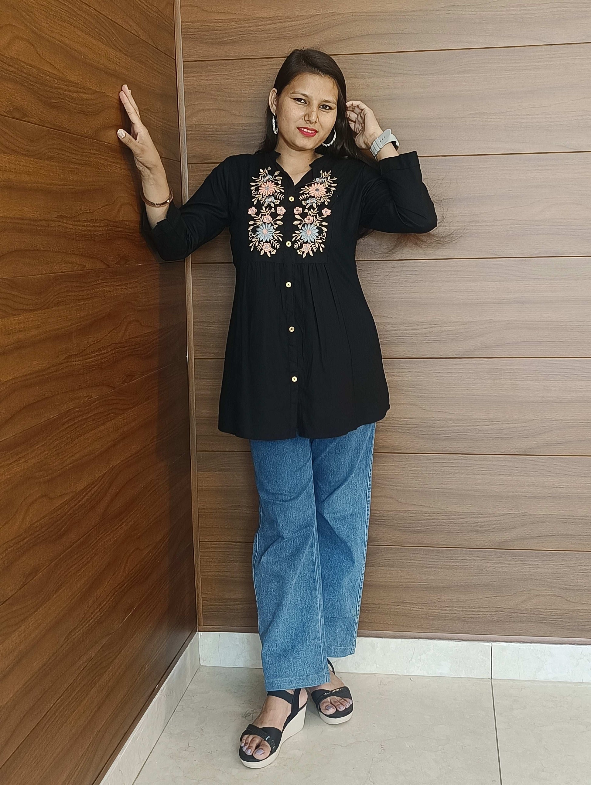 Pahnawaa Black Printed Handwork Top