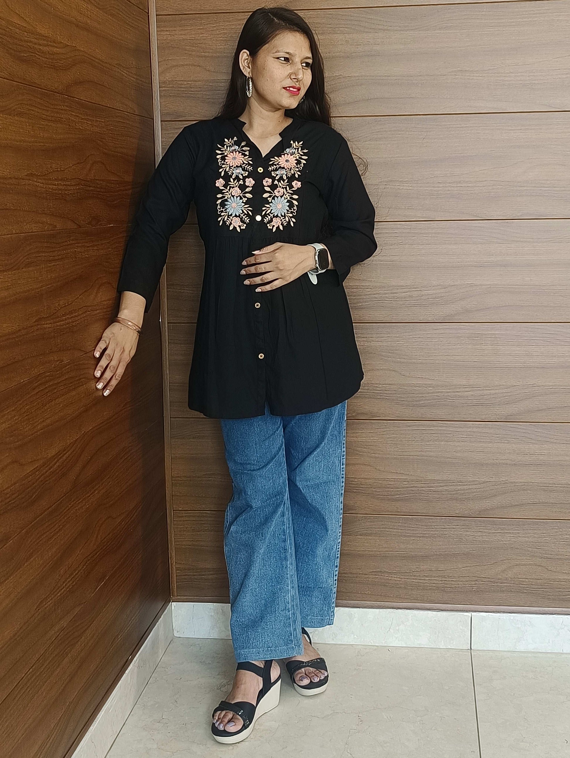 Pahnawaa Black Printed Handwork Top