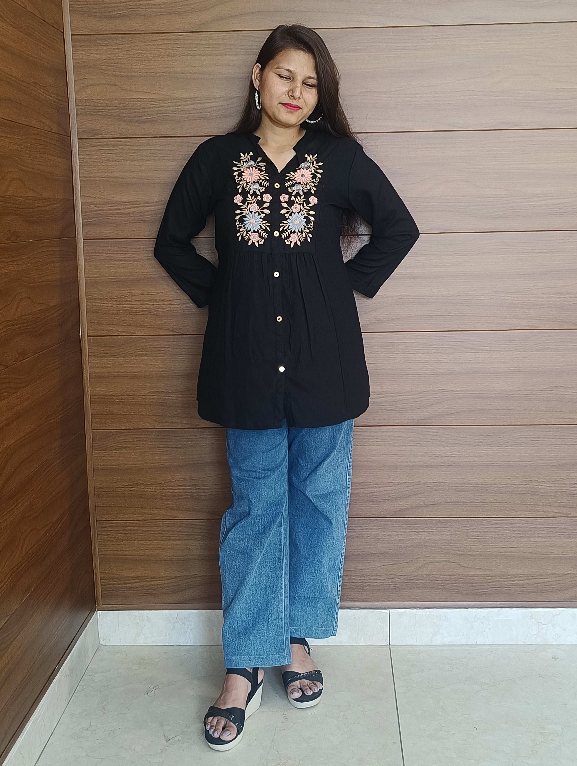 Pahnawaa Black Printed Handwork Top