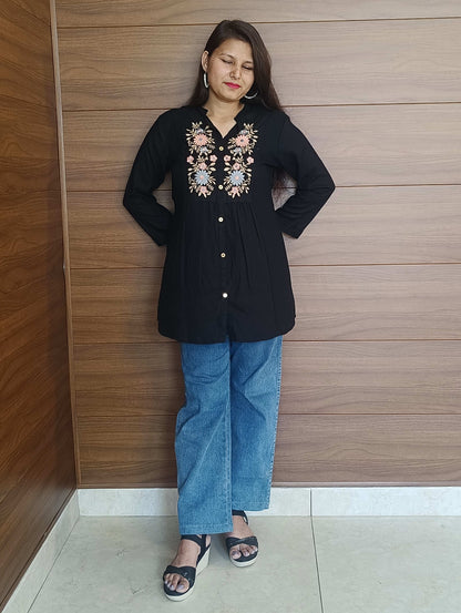 Pahnawaa Black Printed Handwork Top