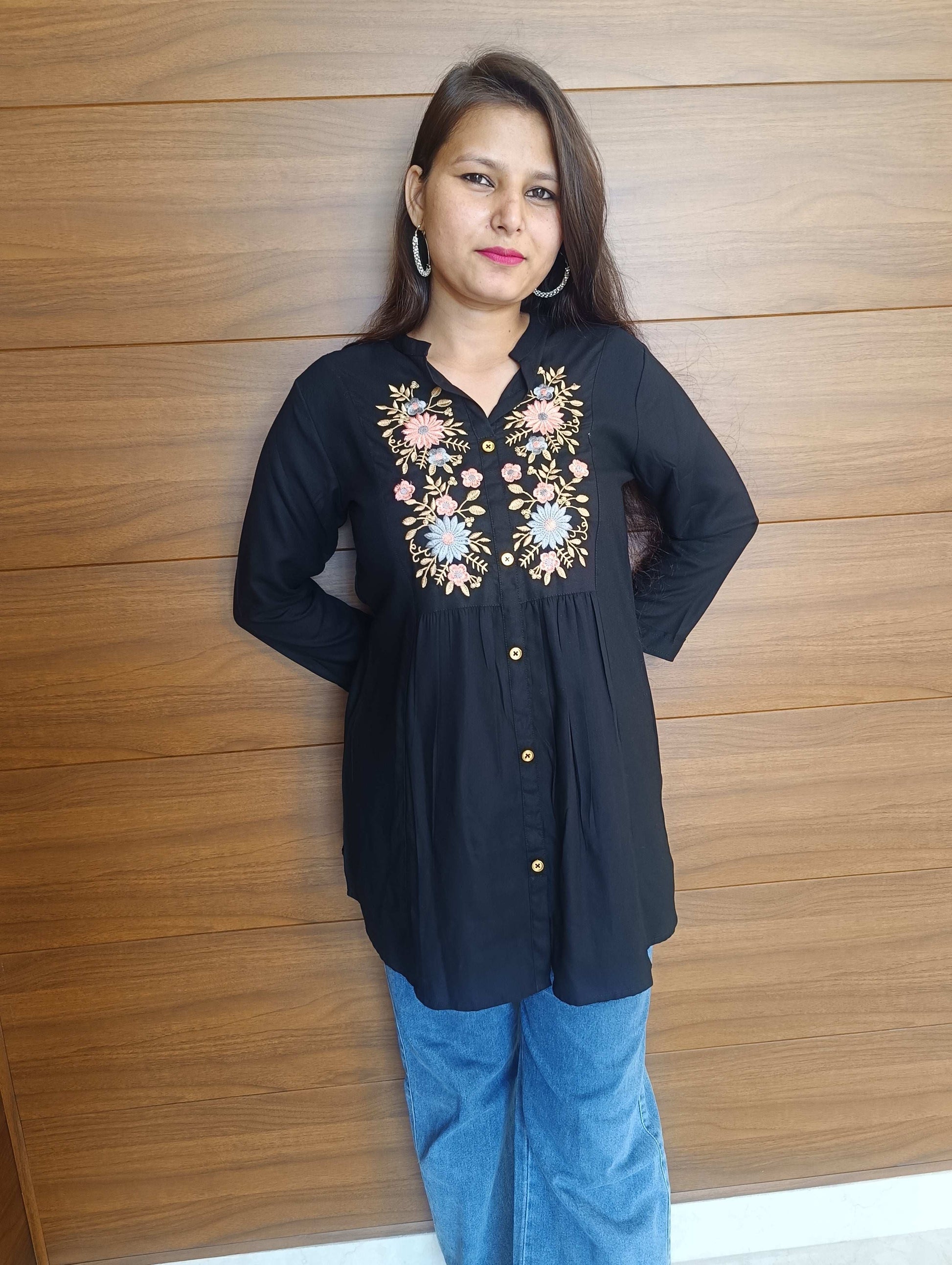 Pahnawaa Black Printed Handwork Top