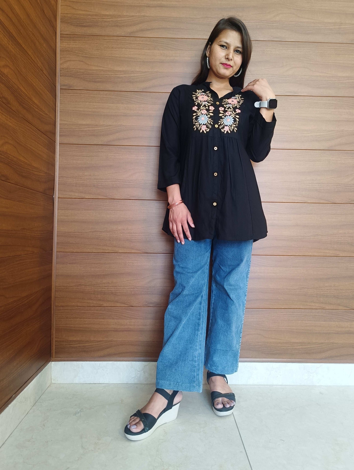 Pahnawaa Black Printed Handwork Top