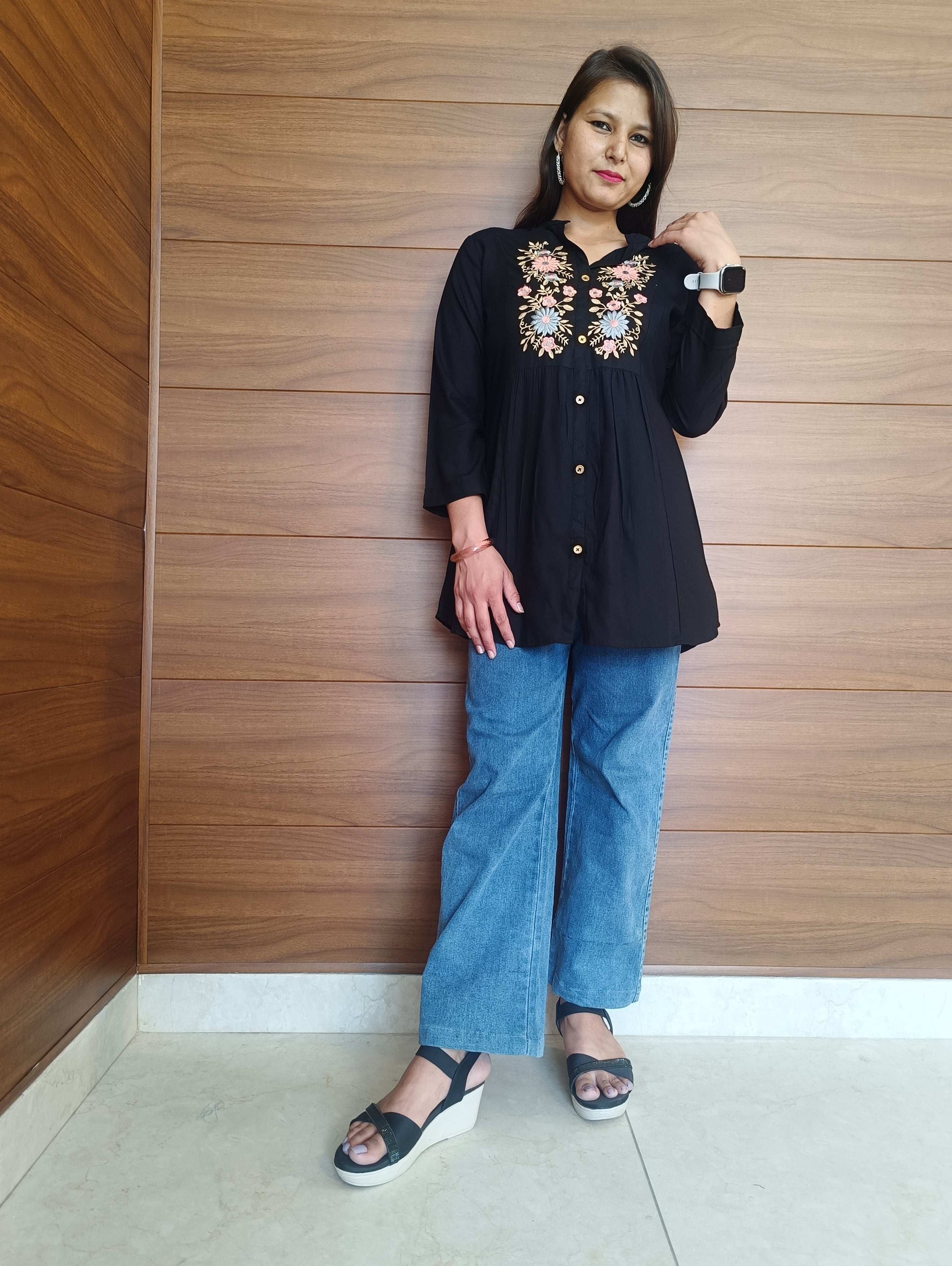 Pahnawaa Black Printed Handwork Top