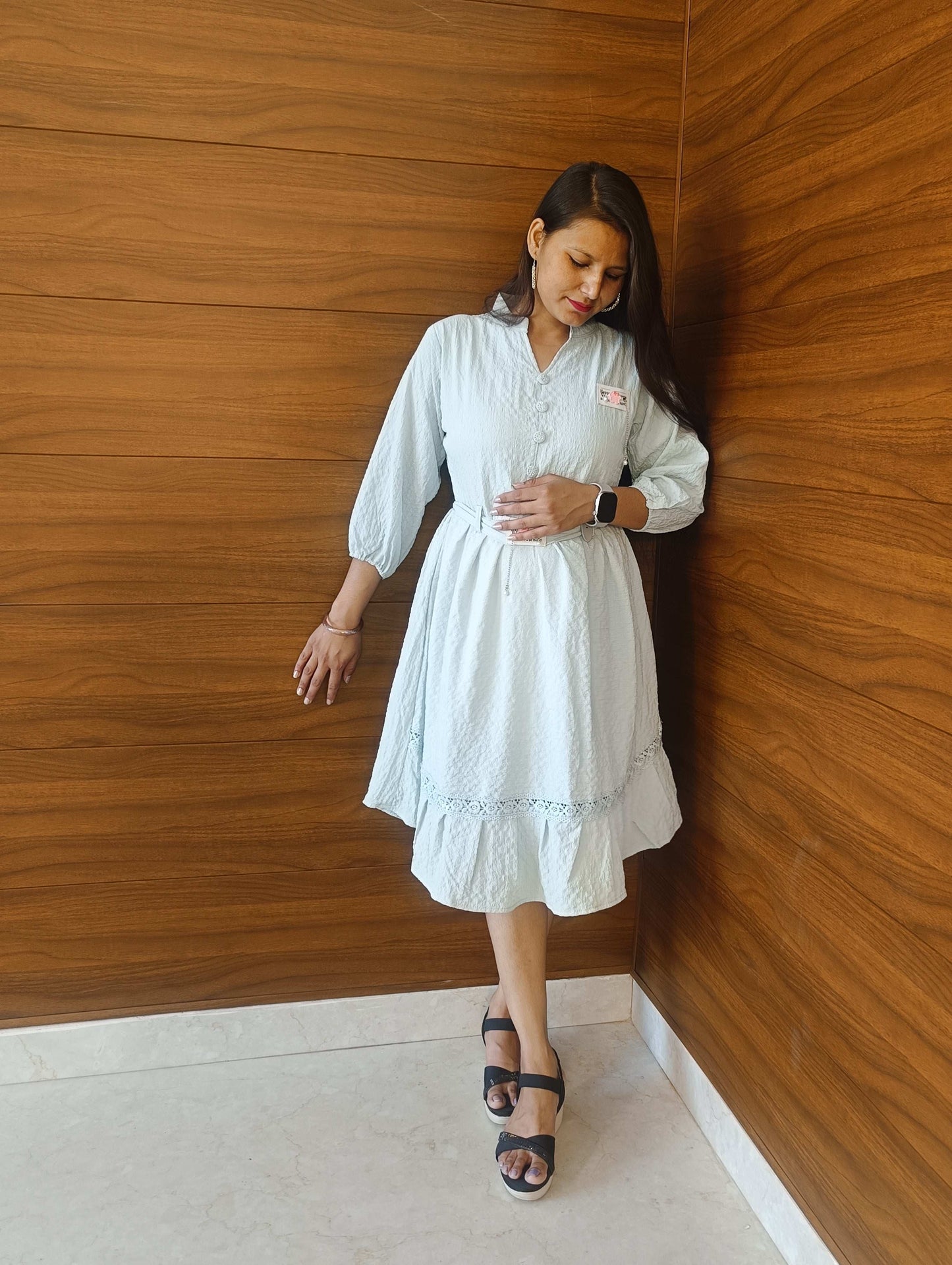 Pahnawaa Ice Blue Cotton Middi Dress