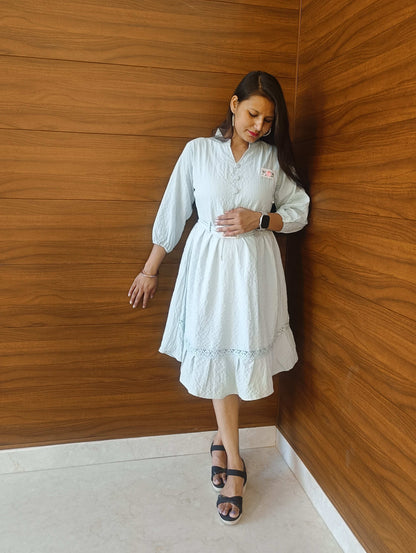 Pahnawaa Ice Blue Cotton Middi Dress