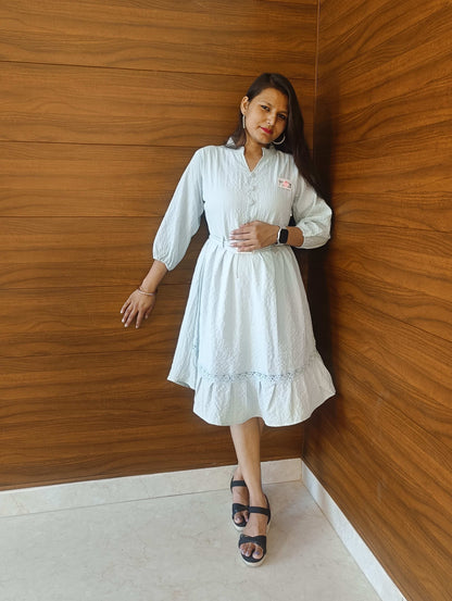 Pahnawaa Ice Blue Cotton Middi Dress