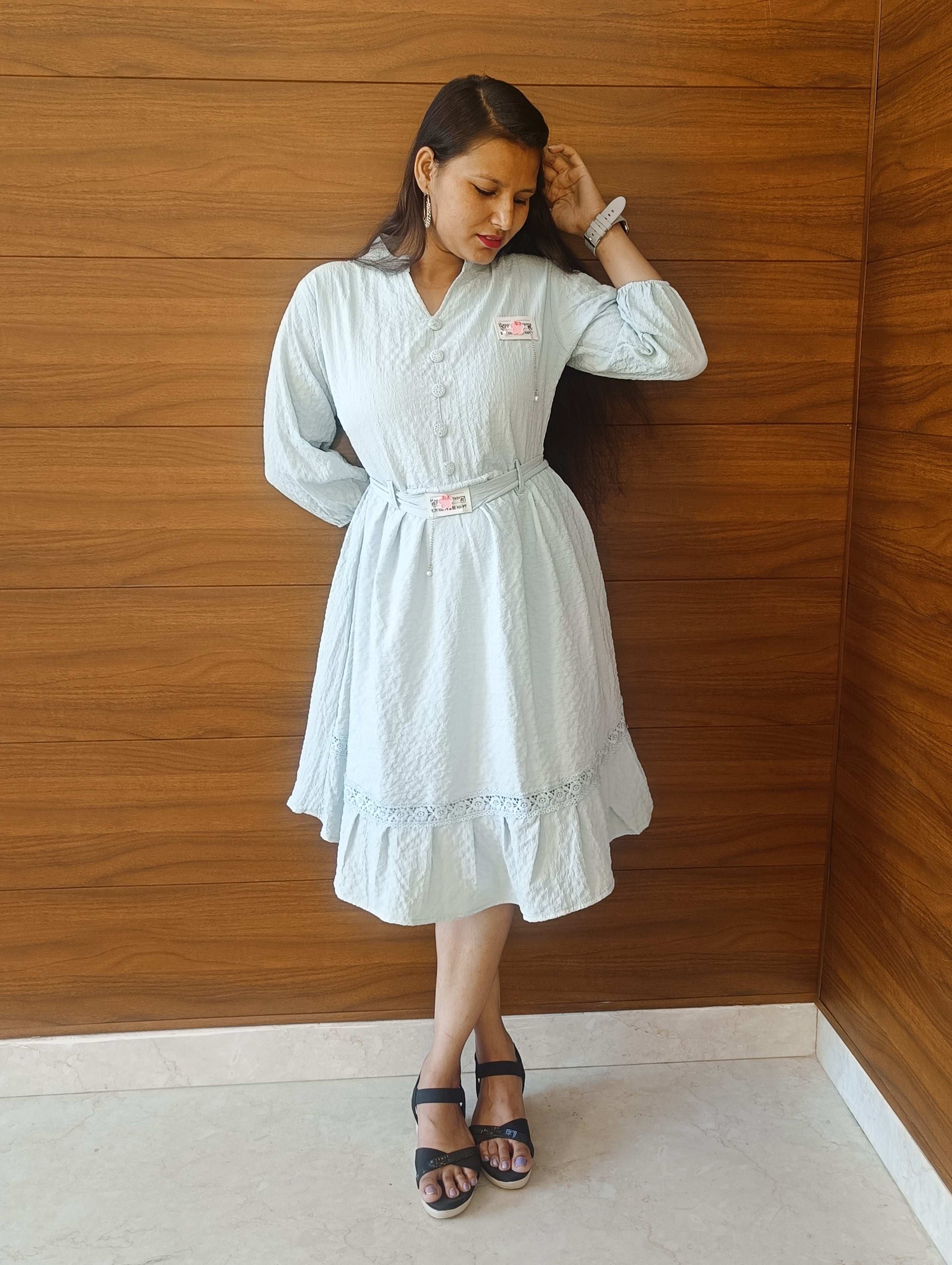 Pahnawaa Ice Blue Cotton Middi Dress